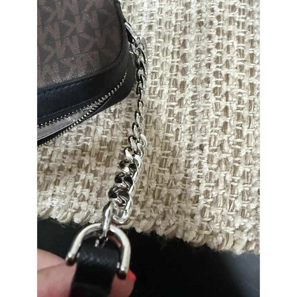 Michael Kors Brown Logo Crossbody Bag Zip, Chain Strap, Adjustable, Silver